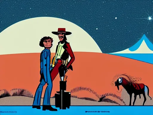 Image similar to an illustration of the Lone Ranger in the wild west town. flat colors, limited palette in FANTASTIC PLANET La planète sauvage animation by René Laloux