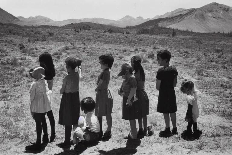 Prompt: A line of children waiting to look through a telescope, Ansel Adams