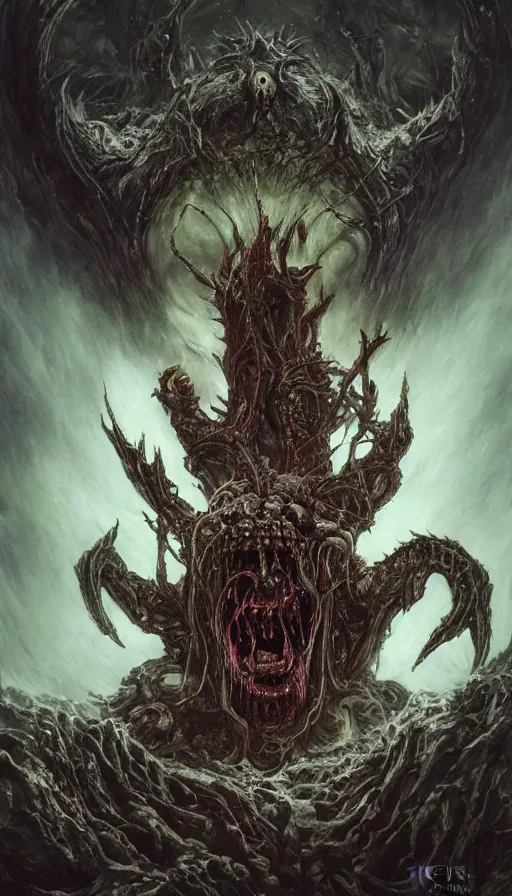 Image similar to Elden Ring and Doom themed painting of screaming majestic demon king, intricate artwork by Artgerm, Johnatan Wayshak, Zdizslaw Beksinski, Darius Zawadzki, H.R. Giger, Takato Yamamoto, masterpiece, very coherent artwork, cinematic, high detail, octane render, unreal engine, 8k, High contrast, golden ratio, trending on cgsociety, ultra high quality model, production quality cinema model