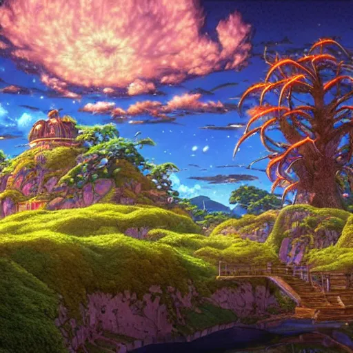 Image similar to photorealistic beautiful world of chrono trigger in the style of studio ghibli and tim white. hyperdetailed photorealism, 1 0 8 megapixels, amazing depth, glowing rich colors, powerful imagery, psychedelic overtones, 3 d finalrender, 3 d shading, cinematic lighting, artstation concept art