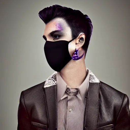 Image similar to professional digital art of a stylish young adult man with short dyed hair, a black face mask, earrings, and dark long-sleeved clothes, high quality, HD, 8K, highly detailed, award-winning, dark purple clouds