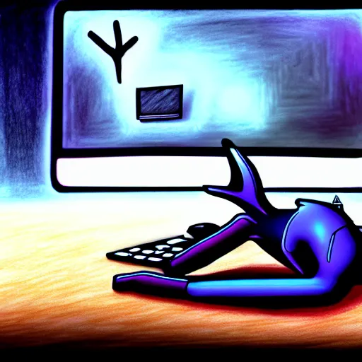 Prompt: a drawing of a deer laying on the ground in front of a computer, cyberpunk art by hinchel or, deviantart contest winner, computer art, furaffinity, future tech, dystopian art