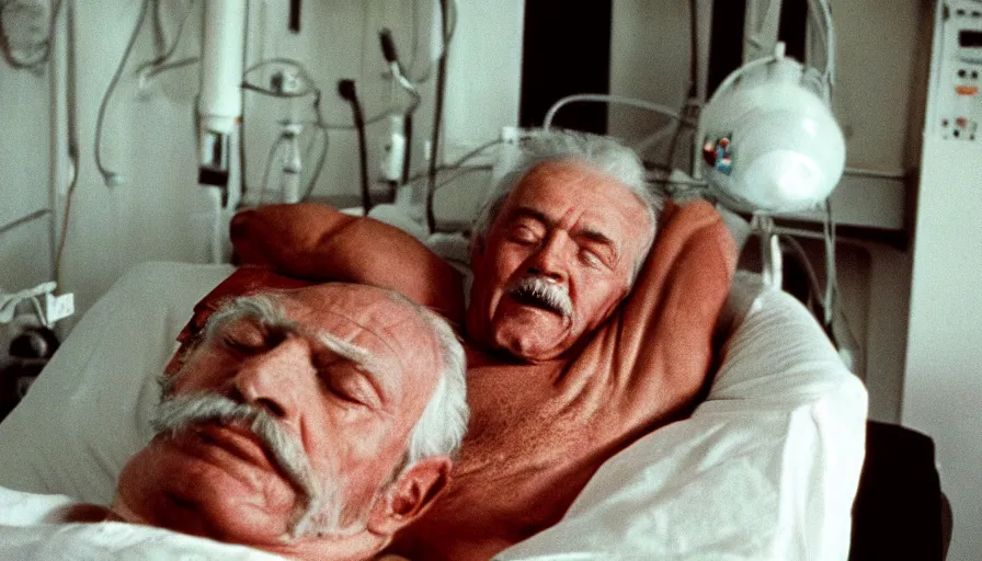 Image similar to 7 0 s movie still of a old man with a head on the chest in the hospital, cinestill 8 0 0 t 3 5 mm eastmancolor, heavy grain, high quality, high detail