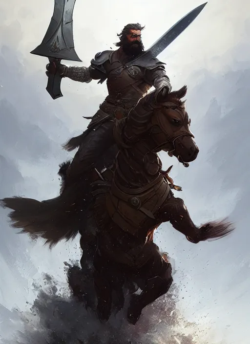 Image similar to epic bearded war commander holding two gigantic sword and wearing shield riding a running horse. highly detailed, digital painting, concept art, smooth, sharp focus, illustration, art by greg rutkowski
