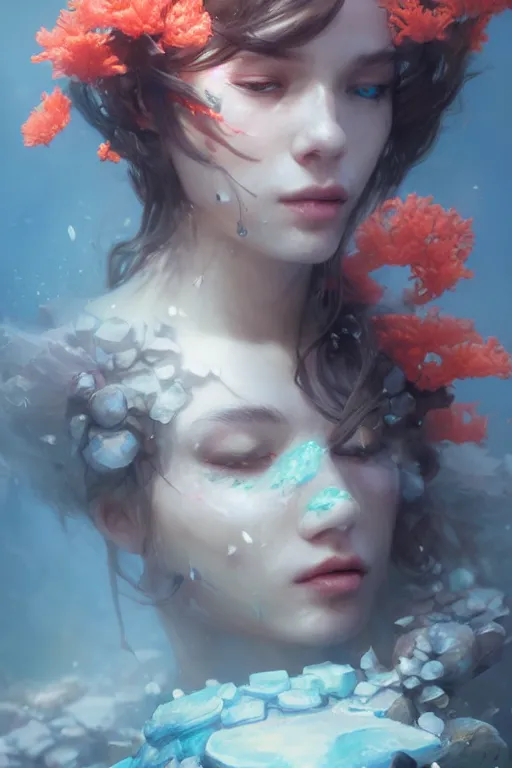 Image similar to face closeup of beautiful girl covered with coral reef and ice, 3 d render, hyper realistic detailed portrait, holding magic flowers, ruan jia, wlop. scifi, fantasy, hyper detailed, octane render, concept art, by peter mohrbacher, by wlop, by ruan jia