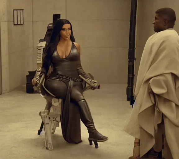 Image similar to a movie still of kim kardashian as a handcuffed prisoner with a chain around her neck bonded to a chair in the movie star wars