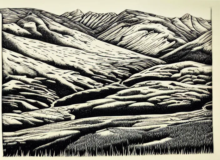 Image similar to an award winning wood engraving on paper of The highlands of Scotland