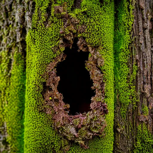 Prompt: 50mm f1.8 photography of a slimy moss covered grotesque liminal space, trypophobia