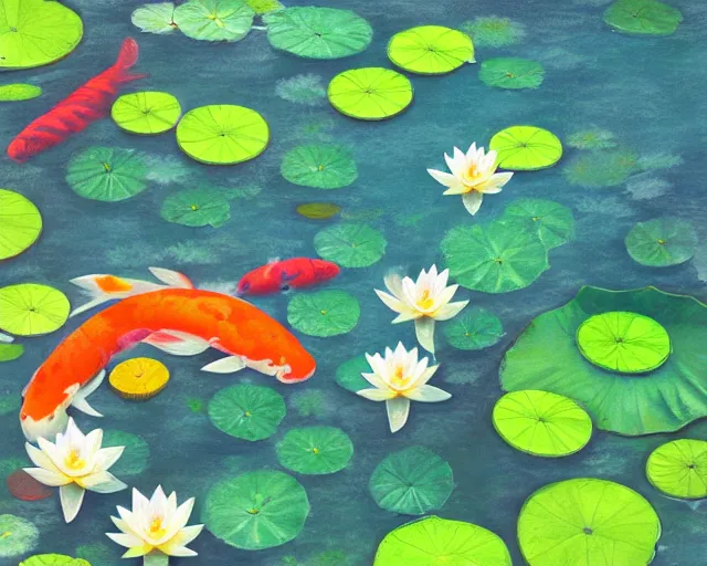 Image similar to Digital painting of koi pond, lotus flowers, dark blue water, green lily pads, goldfish, a fantasy digital painting by makoto shinkai and Alena Aenami, trending on artstation,