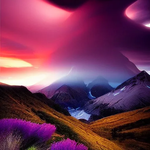 Image similar to amazing landscape photo of mountains in sunset with a purple tornado in the sky by marc adamus, beautiful dramatic lighting