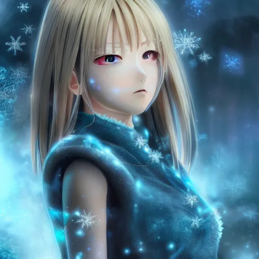 Prompt: photorealistic full shot of masterpiece anime girl, beautifull lovely eyes, posing, electric aura with particles, snowing frozen ice, darkness background, inspired by masami kurumada, akira toriyama, detailed, unreal engine 4 k, volumetric light, fog