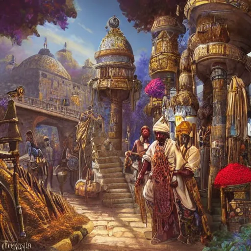 Prompt: african moors wearing white robes and intricate turbans in the steampunk valley of the kings, vibrant flowers, steampunk gadgets by dariusz zawadzki zdislaw beksinki and thomas kinkade, detailed and intricate environment