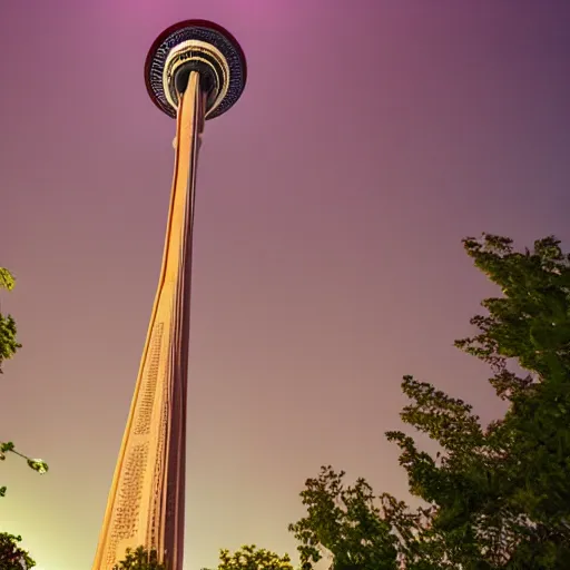 Prompt: Toronto tourist guide with planet mars as a head on Toronto space needle, dramatic cinematic lighting