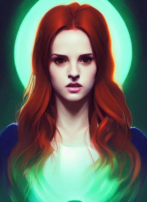 Image similar to portrait of teenage cheryl blossom, bangs, green eyes, mean expression, mischievous, bangs and wavy hair, bangs, intricate, elegant, glowing lights, highly detailed, digital painting, artstation, concept art, smooth, sharp focus, illustration, art by wlop, mars ravelo and greg rutkowski