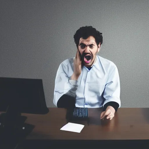 Prompt: A software developer sitting at a desk in a dimly lit office, yelling at his computer, award-winning photograph, cinematic, 8k