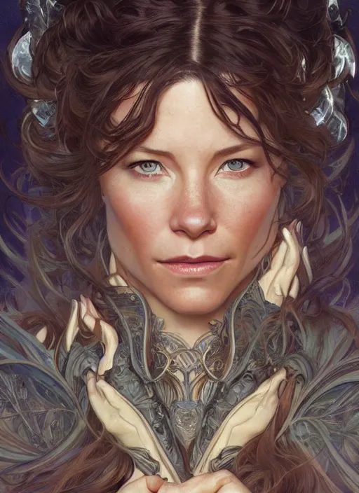 Image similar to beautiful portrait of evangeline lilly, by magali villeneuve and greg rutkowski and artgerm and alphonse mucha, intricate, elegant, highly detailed, photorealistic, trending on artstation, trending on cgsociety, 8 k, sharp focus