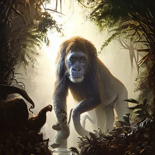 Image similar to animals of the jungle coming out of a doorway, painting by Greg Rutkowski, foliage, dramatic lighting, sharp focus