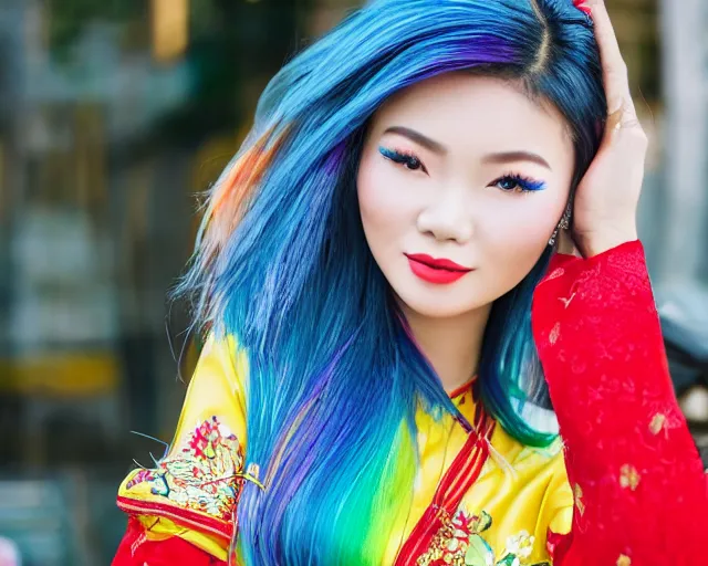 Image similar to pretty vietnamese woman with rainbow hair wearing a red ao dai