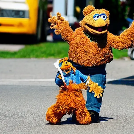 Prompt: “ fozzie from the muppets drop kicking a child ”