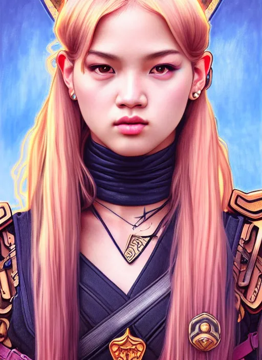 Prompt: jossi of blackpink, female soldier, tarot card, highly detailed, digital painting, smooth, sharp focus, illustration, ultra realistic, 8 k, art by artgerm and alphonse mucha