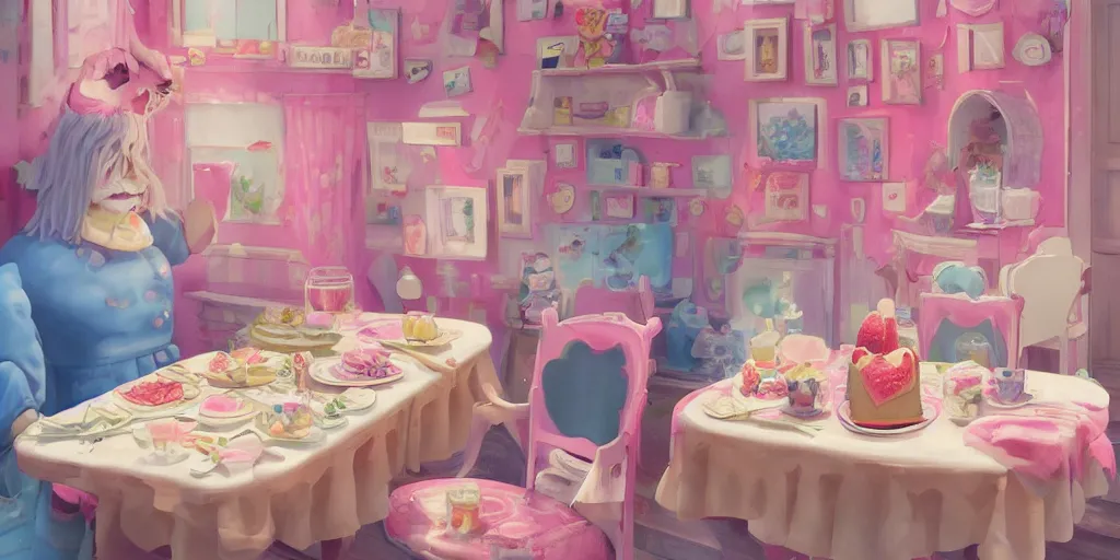 Image similar to a little smile in a house made of cake, the walls in biscuits, a chair in strawberry cake, the table in cake, kawaii, chris moore, trend on artstation