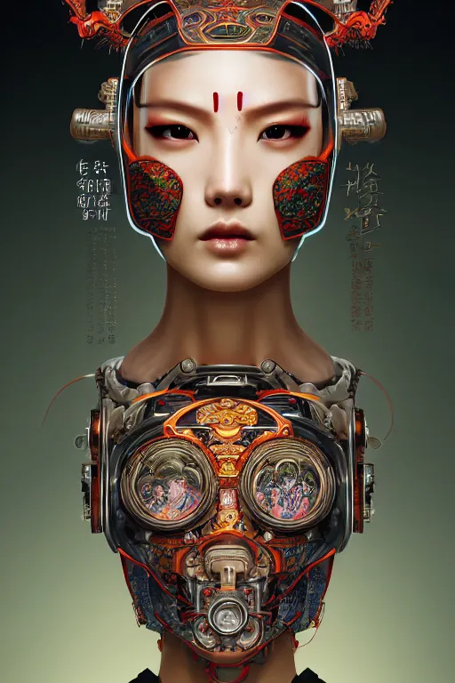 Image similar to portrait of a cyberpunk machine, machine face, upper half portrait, decorated with chinese opera motifs, asian, fine china, traditional chinese art, intricate, elegant, highly detailed, symmetry, headpiece, digital painting, artstation, concept art, smooth, sharp focus, illustration, art by artgerm and greg rutkowski and alphonse mucha, 8 k