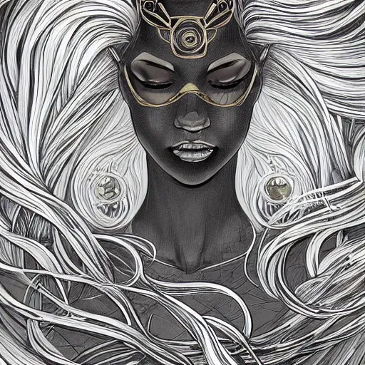 Prompt: gold and silver tones, cybernetic princess, style of moebius, james jean, mcbess, long glowing ethereal hair, cinematic, highly detailed, award winning, 8 k photorealistic