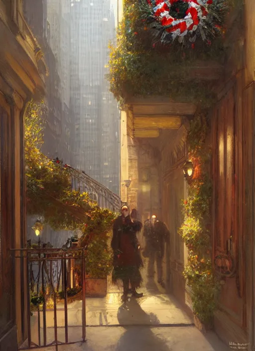 Prompt: new york apartment entrance, wreath on door, artwork by gaston bussiere, craig mullins, trending on artstation