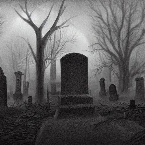 Image similar to an endless eerie graveyard with ancient tombstones, misty, thick strands of fog, catacomb in background, frame is flanked by dark trees, a shadowy ghostlike creature is visible, creepy, night, finely detailed extremely realistic black and white pencil drawing