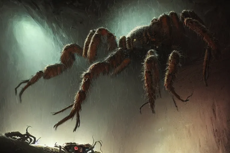 Prompt: a close - up view of a monstrous tarantula in a dark foreboding tunnel, with cobwebs, one man exploring, in the style of peter mohrbacher, dramatic lighting, atmospheric, low angle, wide angle, hyper - realistic, concept art, highly detailed digital painting, trending on artstation