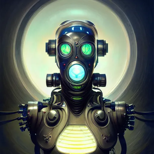 Image similar to front shot of a cyberpunk gazmask robot character, intricate, elegant, highly detailed, centered, digital painting, artstation, concept art, smooth, sharp focus, illustration, artgerm, Tomasz Alen Kopera, Peter Mohrbacher, donato giancola, Joseph Christian Leyendecker, WLOP, Boris Vallejo