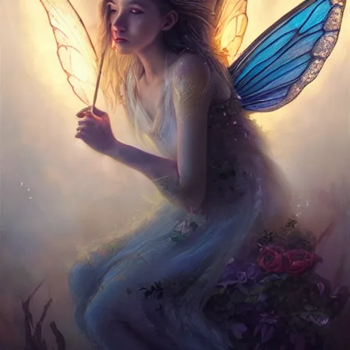 Prompt: Captivating Fairy portrait, atmospheric lighting, painted, intricate, highly detailed by Leesha Hannigan, Ross Tran, Thierry Doizon, Kai Carpenter,Ignacio Fernández Ríos