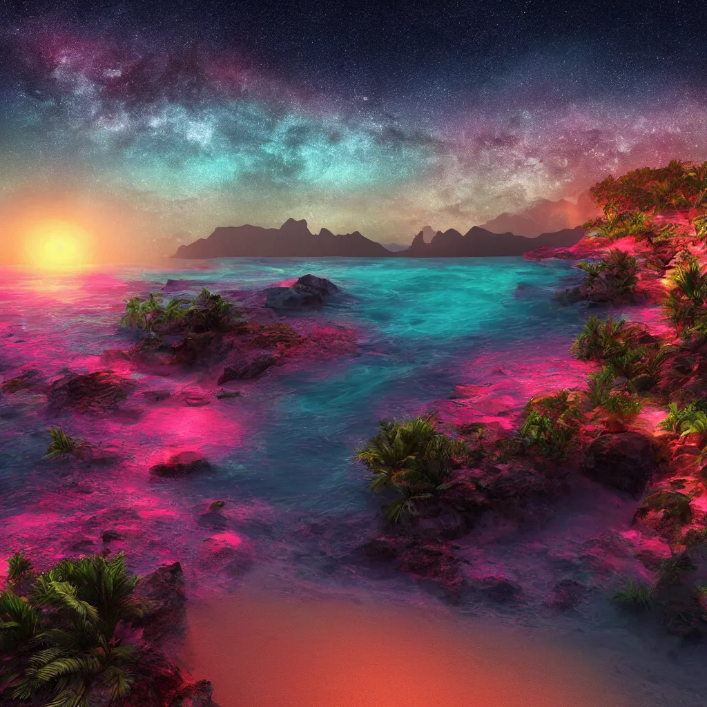 Prompt: landscape photo on lush warm alien beach, night, arching milkyway, sea lit by neon electric psychadelic coral, imposing wave face near shore unbroken ,Jungle, Mountains, lush, cinematic, Lumion rendering, photo realistic, 8k octane render UHD, bright volumetric dynamic lighting, milkyway light,detailed renderings, moonlight