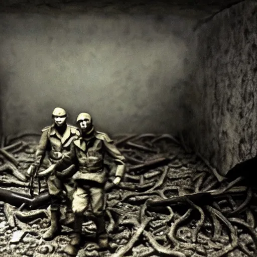 Image similar to world war 2, extremely detailed claymation art, dark, moody, foggy