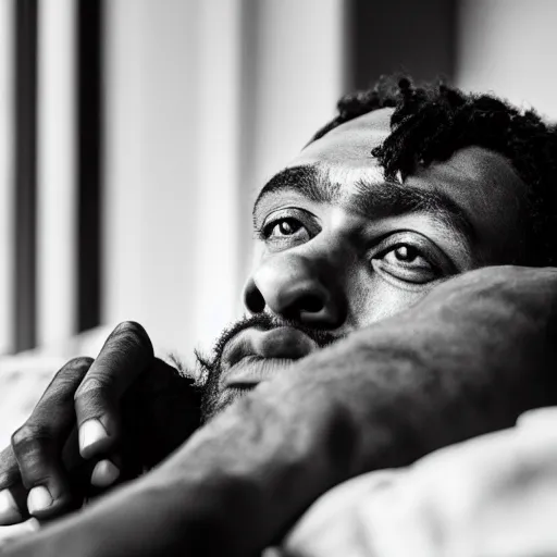 Prompt: black and white press photograph, highly detailed portrait of a depressed drug dealer lying in bed, detailed face looking into camera, eye contact, natural light, mist, fashion photography, film grain, soft vignette, sigma 85mm f/1.4 1/10 sec shutter, Darren Aronofsky film still promotional image, IMAX 70mm footage