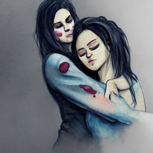 Prompt: Hot young woman, grey skin, void eyeballs, tattoos, wearing a leather jacket, hugging a shrouded person as they cry on her chest, comforting, touching, wholesome, art, watercolour, big sister, little brother, 4k concept art, digital art