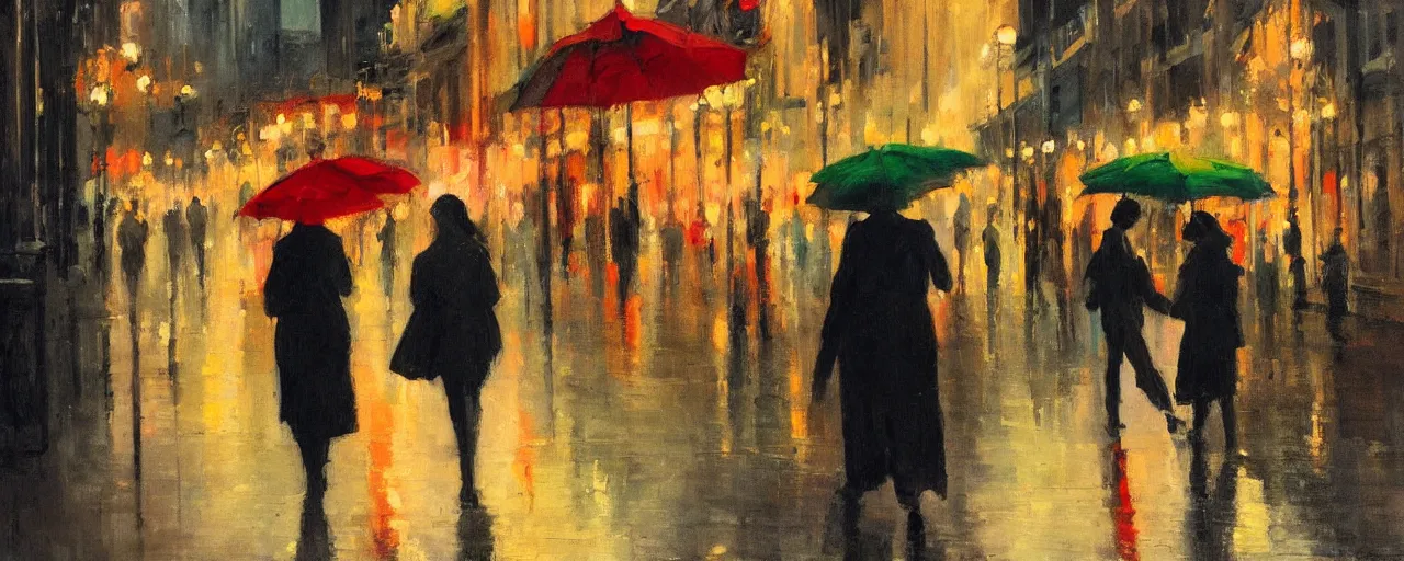 Image similar to evening city scene with central woman with umbrella. beautiful use of light and shadow to create a sense of depth and movement. uses energetic brushwork and a limited color palette, providing a distinctive look and expressive quality in a rhythmic composition