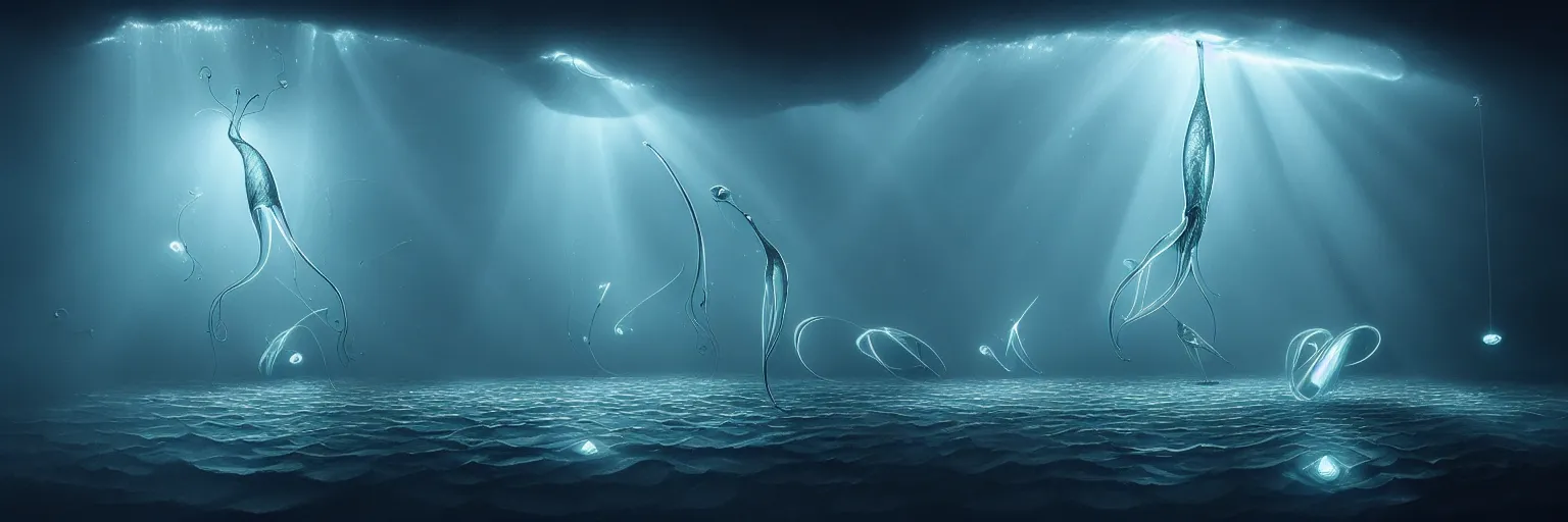 Image similar to whimsical deep sea plankton creatures from the depths of the imagination, dramatic light rays lighting, surreal dark uncanny painting by ronny khalil