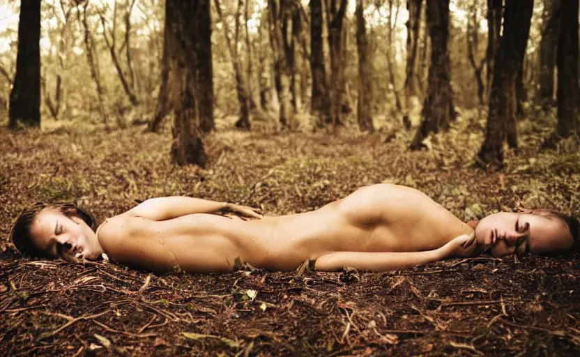 Prompt: a person made of solid gold, laying in the forest, photography