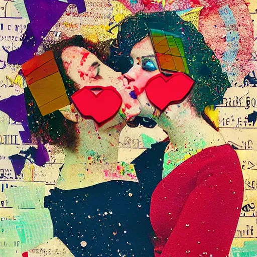 Prompt: two women kissing at a carnival, mixed media collage, retro, paper collage, magazine collage, acrylic paint splatters, double exposure,