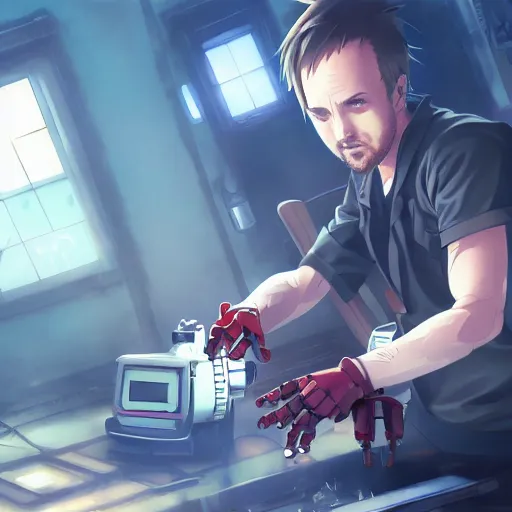 Prompt: jesse pinkman fixing his robotic arms, anime fantasy illustration by tomoyuki yamasaki, kyoto studio, madhouse, ufotable, square enix, cinematic lighting, trending on artstation