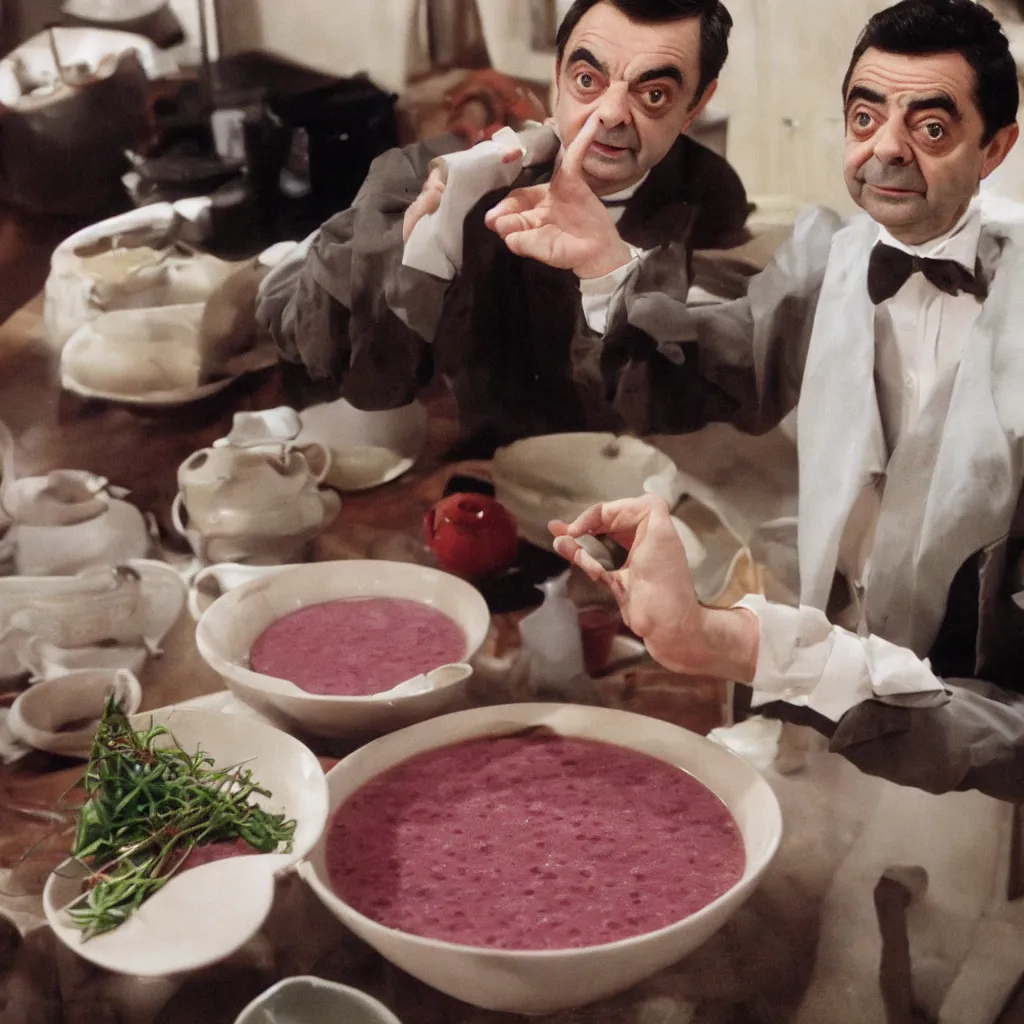 Prompt: rowan atkinson as mr bean preparing a bowl of red bean soup