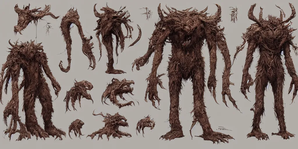 Prompt: forest monster character design sheet, Moebius, Greg Rutkowski, Zabrocki, Karlkka, Jayison Devadas, Phuoc Quan, trending on Artstation, 8K, ultra wide angle, zenith view, pincushion lens effect