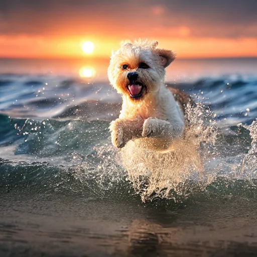 Image similar to a closeup photorealistic photograph of a cute smiling tiger bichon puppy splashing in the surf during sunset. professional capture, well lit shot. this 4 k hd image is trending on artstation, featured on behance, well - rendered, extra crisp, features intricate detail, epic composition and the style of unreal engine.