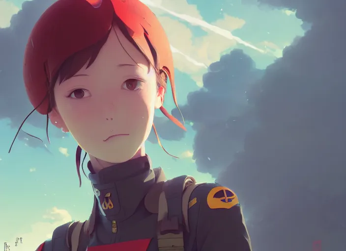 Prompt: portrait of pilot girl, smoky sky background, lush landscape, illustration concept art anime key visual trending pixiv fanbox by wlop and greg rutkowski and makoto shinkai and studio ghibli and kyoto animation, red body suit, military gear, evangelion unit 0 2, grimdark