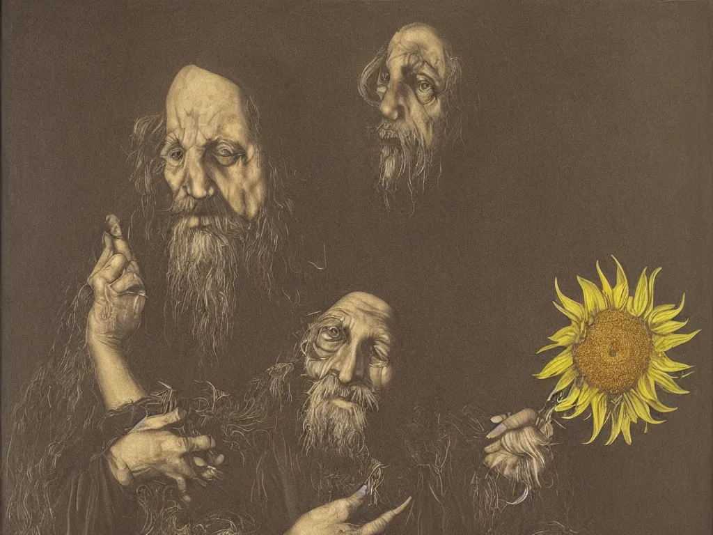 Prompt: Old long bearded man with sunflower in a dark room. Painting by Lucas Cranach, Roger Ballen