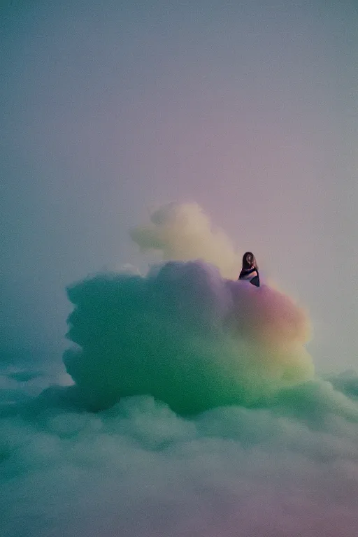 Image similar to high quality pastel coloured film close up wide angle photograph of a model wearing clothing resting on cloud furniture in a icelandic black rock!! environment in a partially haze filled dreamstate world. three point light, rainbow. photographic production. art directed. pastel colours. volumetric clouds. pastel gradient overlay. waves glitch artefacts. extreme facial clarity. 8 k. filmic.