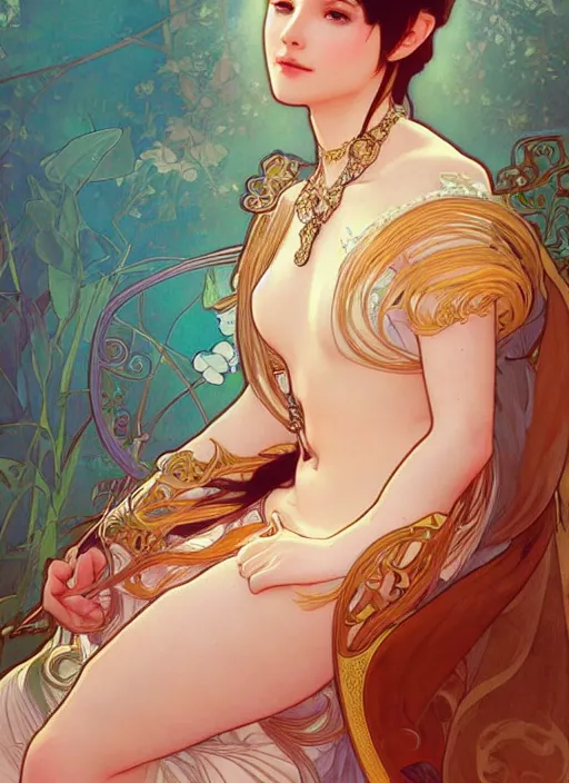 Image similar to A beautiful princess sitting on a throne, highly detailed, digital painting, artstation, concept art, smooth, sharp focus, illustration, art by artgerm and alphonse mucha, high definition digital art, in the style of Ross tran and ilya kuvshinov