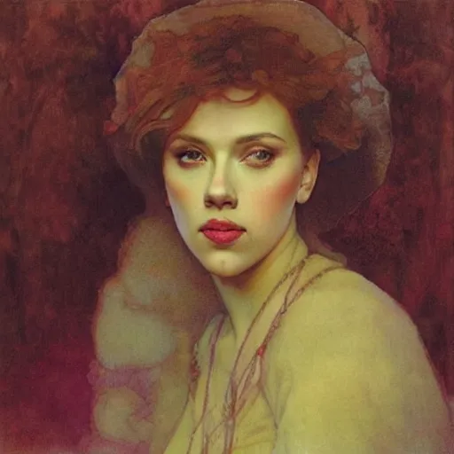 Image similar to “Scarlett Johansson portrait, Alfons Maria Mucha”