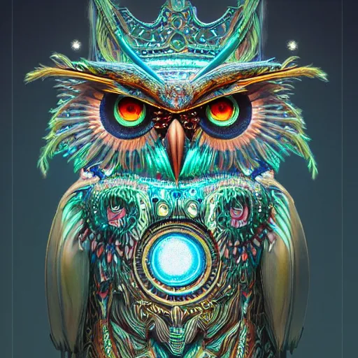 Prompt: detailed portrait of a alien magical owl, wearing a diamond crown, glowing feathers, halfway through, hyper detailed, stylistic, symmetrical, ethereal bohemian, detailed render, hdr, octane render